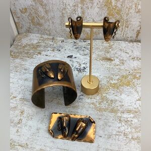 Antique FRANCISCO REBAJES Brooch Earrings And Cuff Bracelet Copper